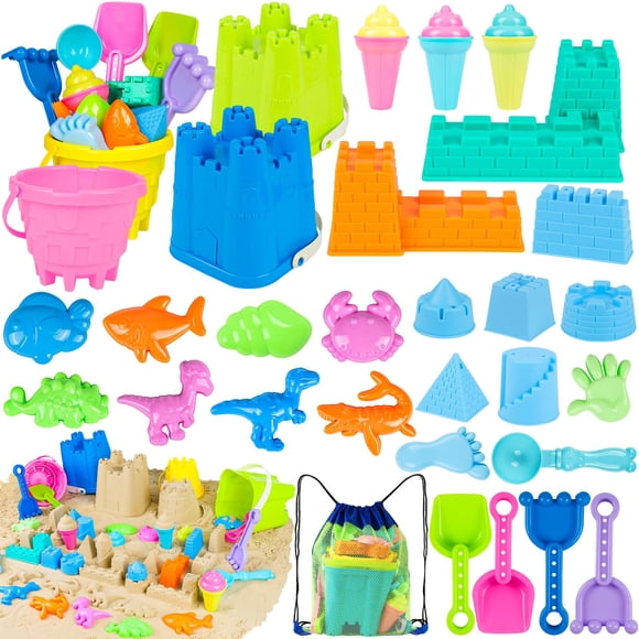 Castillo de arena REZUCREY de Beach Toys con 4 baldes y palas, 34 piezas