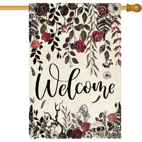 Halloween House Flag Welcome Floral 28 x 40 Inch Double Sided Burlap Skeleton Gothic Floral Flags For Outside Holiday Seasonal Yard Outdoor Decoration