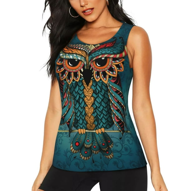 Fotbe Owl In Blue Blusas Sin Mangas para Mujer – Estilo Casual, Corte Suelto, Slim-Fit, Cuello Redondo Deportivo, Tops de Verano para Gimnasio y Yoga-XX-Large