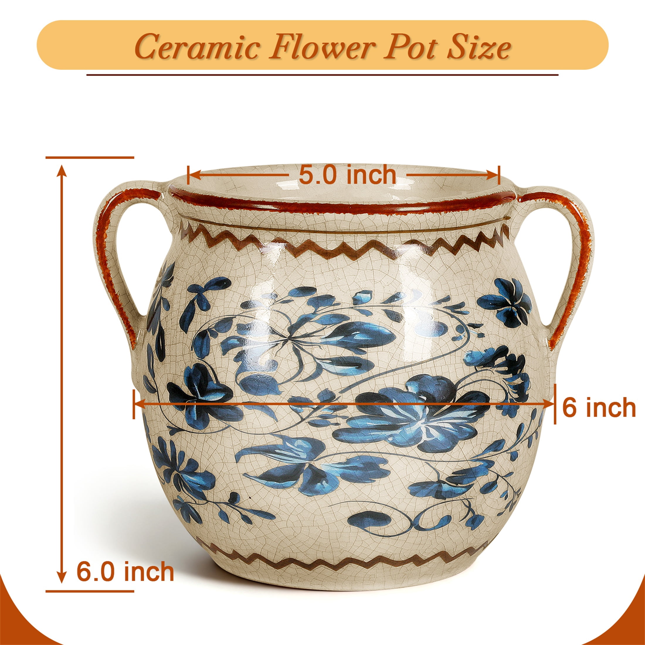 BUYMAX Vintage Ceramic Flower Pot with Handles, pretty Blue Planter with Drainage Hole for Succulents, Indoor Outdoor Farmhouse Home Decor