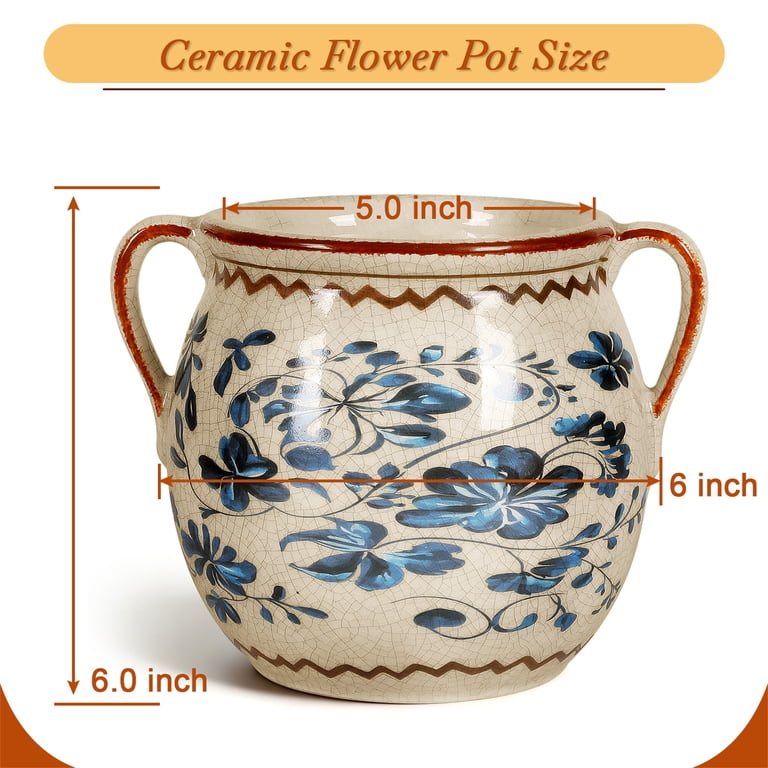 Buymax Vintage Ceramic Urn Planter, Cobalt Blue & Cream photo 4