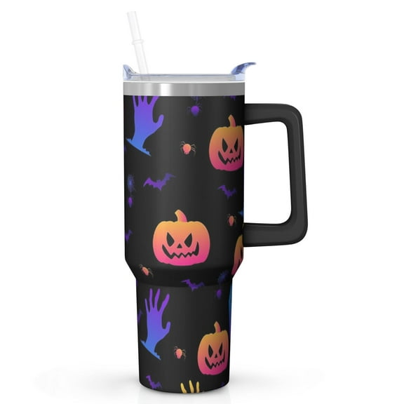 Halloween Pumpkin 40oz Insulated Tumbler with Handle and Straw Lid – Leak Proof Travel Coffee Mug – Gift Cup