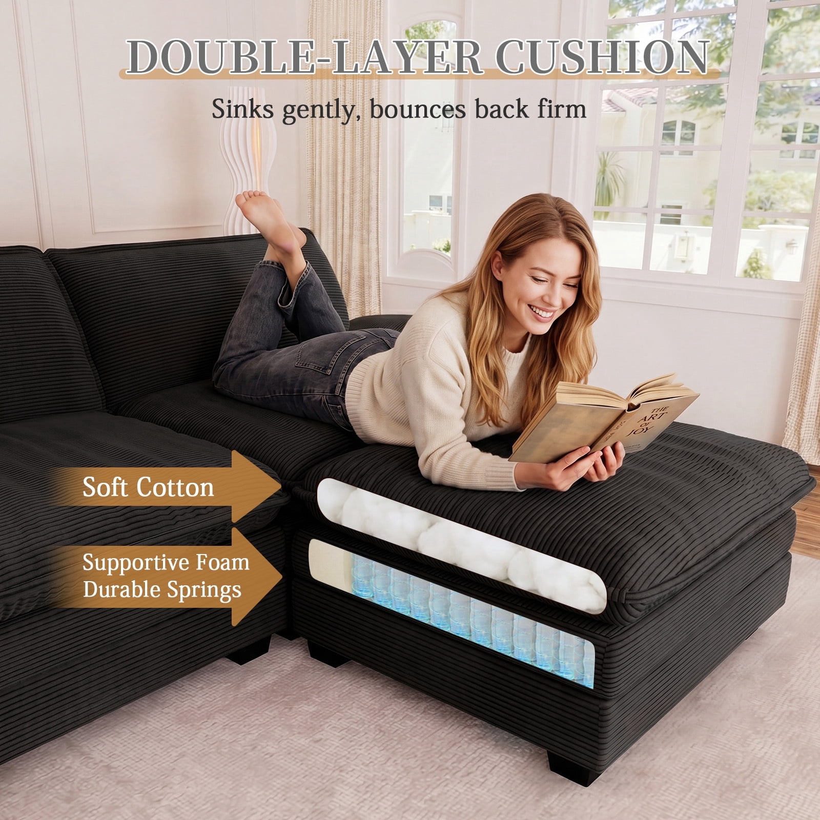 Muumblus Modular Sectional Cloud Couch with Ottoman, Oversized L-Shaped Corduroy Sofa for Living Room, Black
