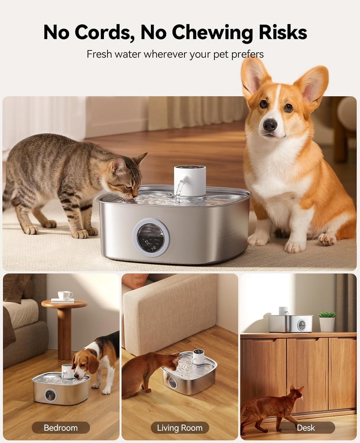 Cordless Wider Tray Dog Water Fountain, 5000mAh Battery Operated Dog Water Bowl Dispenser with 3 Motion Sensor, Stainless Steel Pet Water Fountain for Multi-Pets, Easy Setup & Clean, 8L