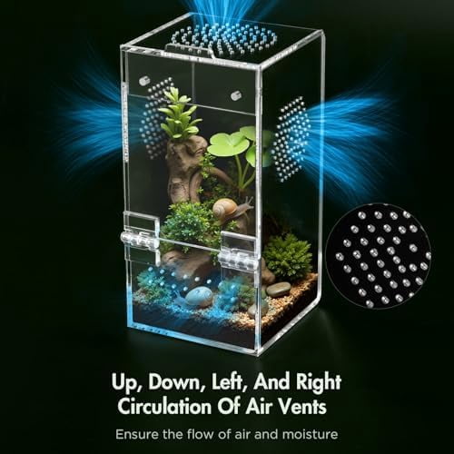 Pre-Assembled Jumping Spider Enclosure,Acrylic Terrarium with Magnetic Door & All-Side Ventilation,Habitat for Spiderling, Mantis,Tarantula,Snail,(Tweezer & Temp Sticker Included)