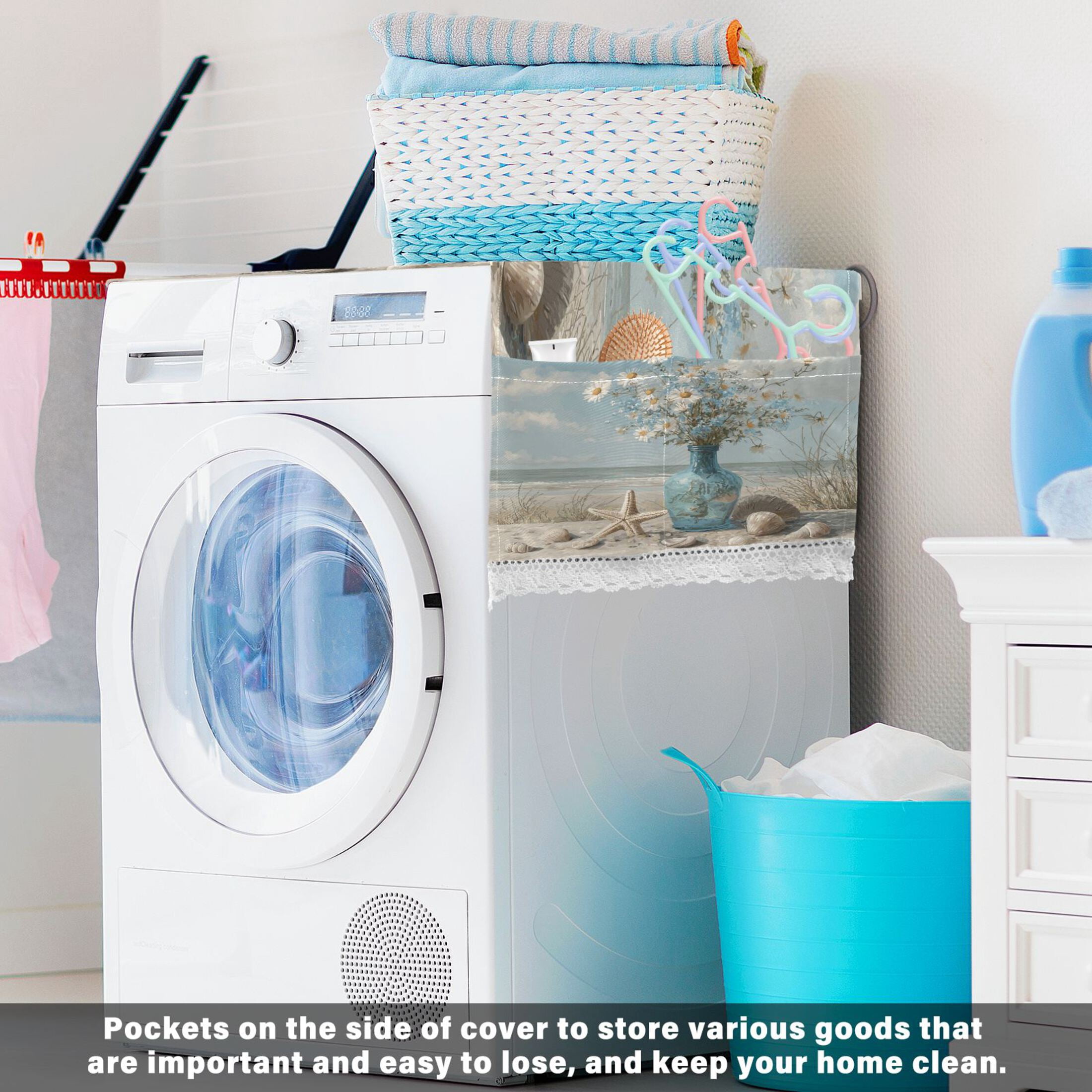Wobogo Seaside Flowers Washing Machine Cover Dustproof Washer Dryer Cover Waterproof Laundry Room Decorative Protector