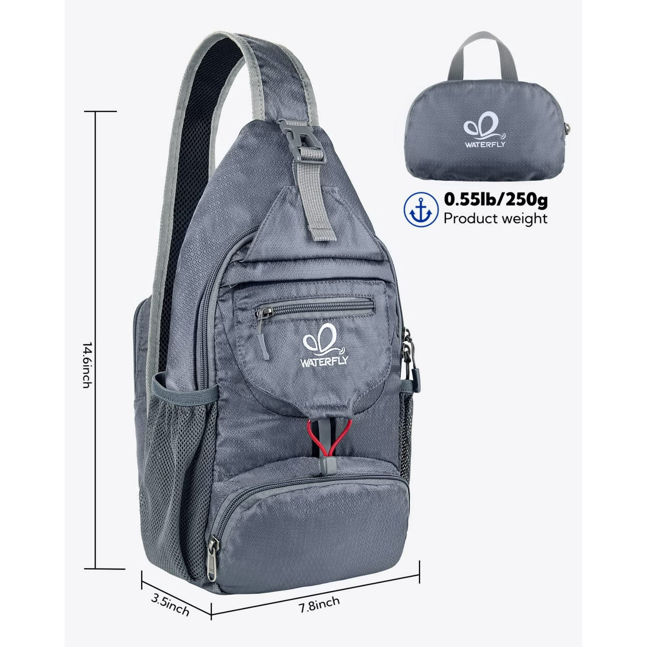 WATERFLY Unisex Small Packable Hiking Travel Sling Bag Cross-Body Shoulder Chest Bag,Gray