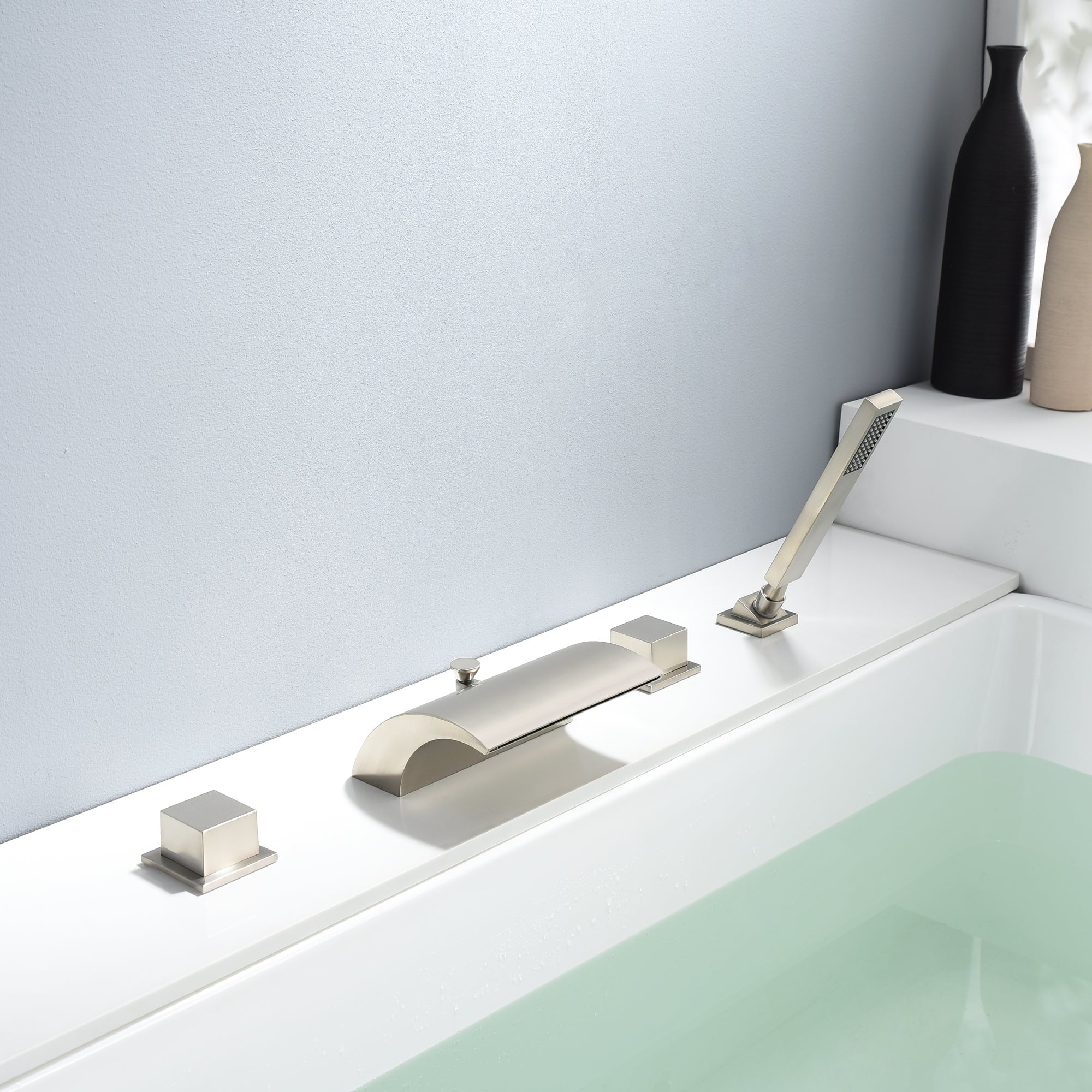 Brushed Nickel High Flow Bathtub Faucet with Sprayer, Waterfall Tub Spout with Diverter