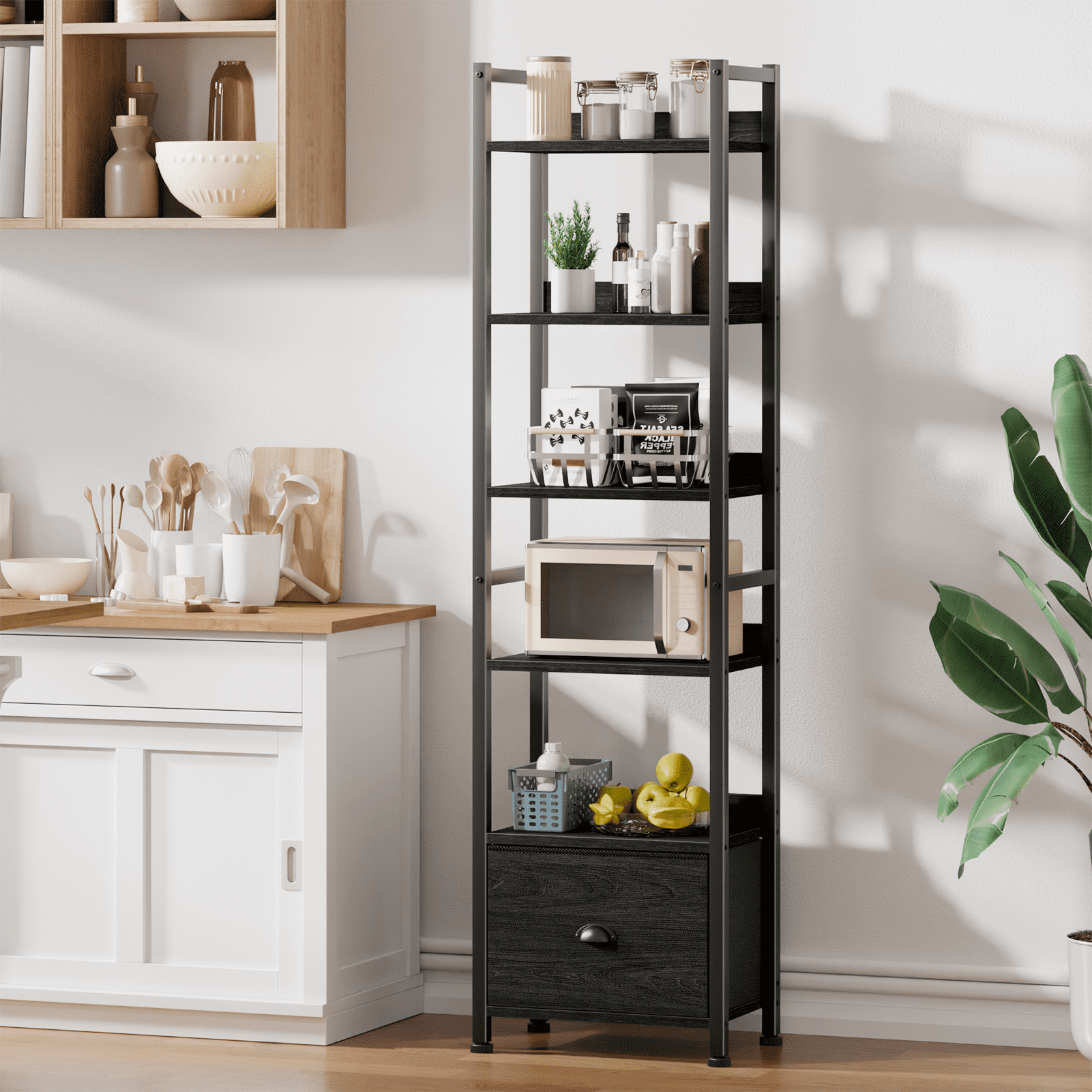 Satifur 6 Tier Industrial Bookcase with Single Removable Drawer, Adjustable Foot Pads, Black Oak Standing Storage Shelf for Living Room & Entryway