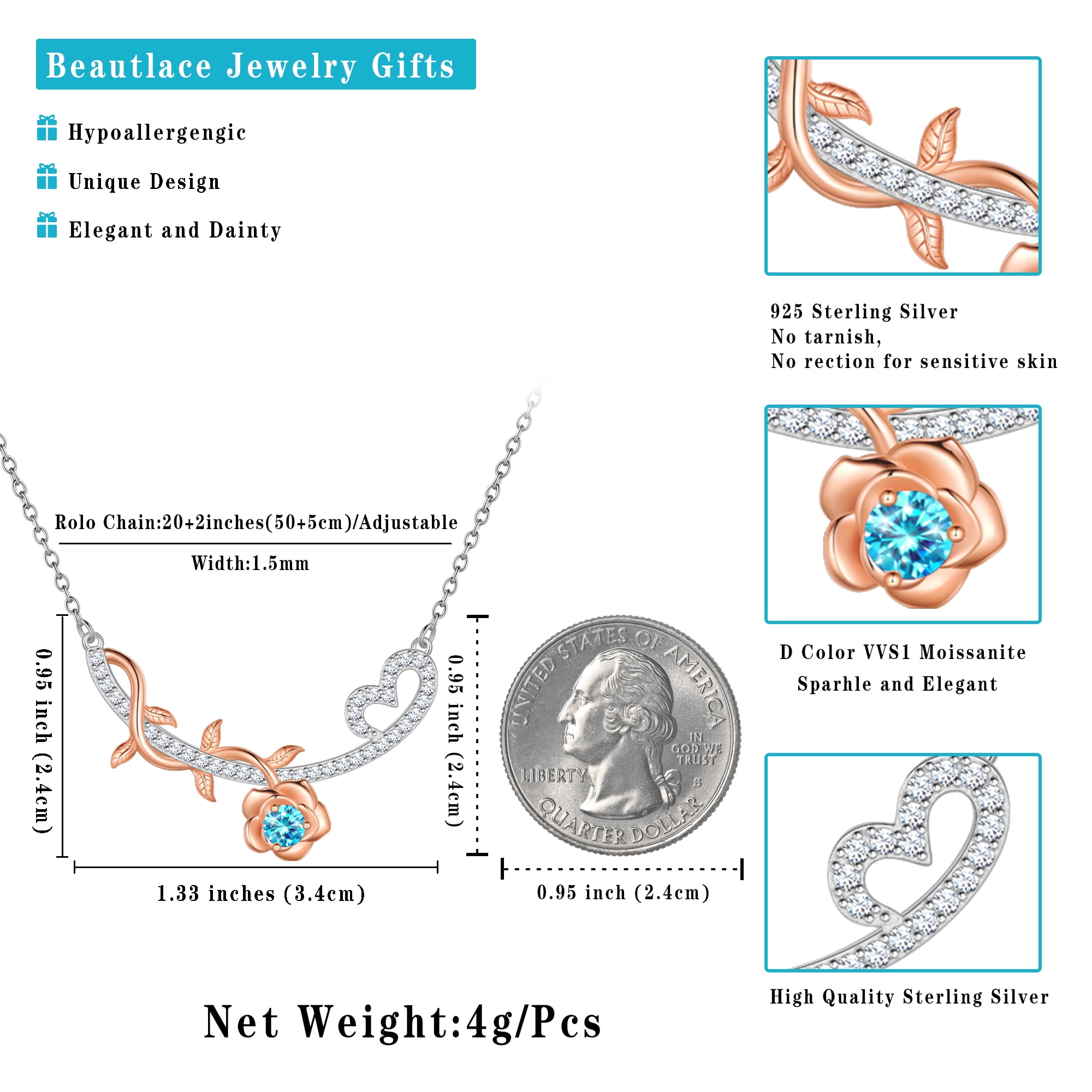 Beautlace GRA Certified 1/3 Carat Ocean Blue Moissanite Necklace,D VVS1 18K White Gold over Stering Silver Rose Pendant Necklace Jewelry Birthday Christmas Mothers Day Gifts for Women Mom