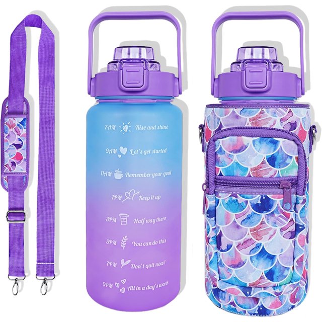 64 oz Water Bottle with Straw Sleeve & Strap Motivational BPA Free Half Gallon Water Jug with Handle for Gym Women Men Aesthetic Water Bottle with Strap Mermaid