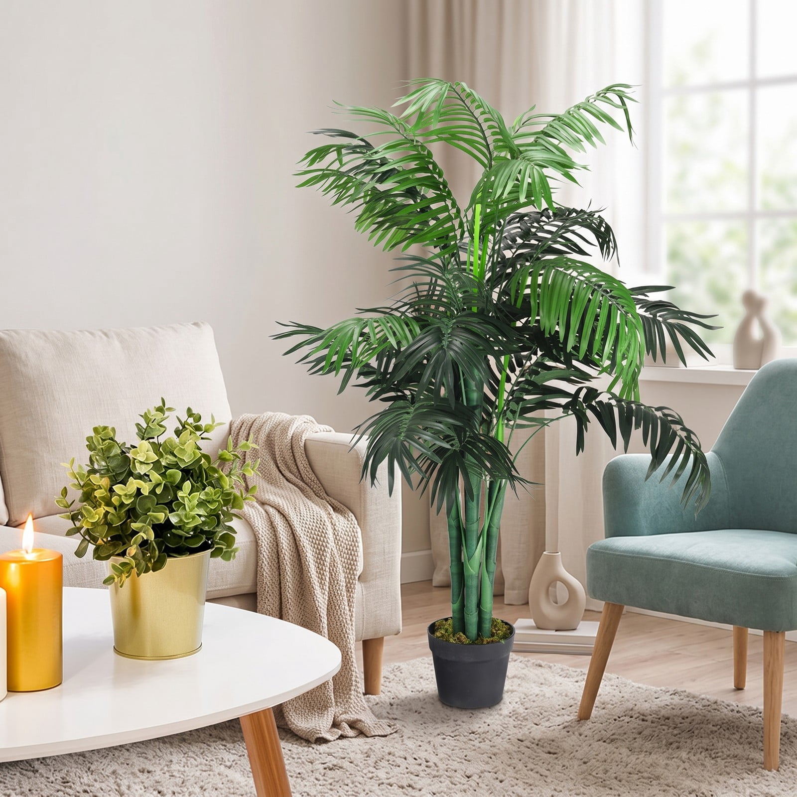 ALPULON 3.5 Feet Artificial Areca Palm Tree, Faux Silk Palm Plant with Basket Pot, 43 Inch Tall Fake Tropical Tree for Home Office Living Room Indoor Decor, Green