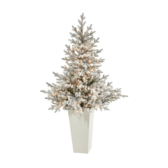 Nearly Natural 57in. Flocked Fraser Fir Artificial Christmas Tree with 300 Warm White Lights and 967 Bendable Branches in Tower Planter