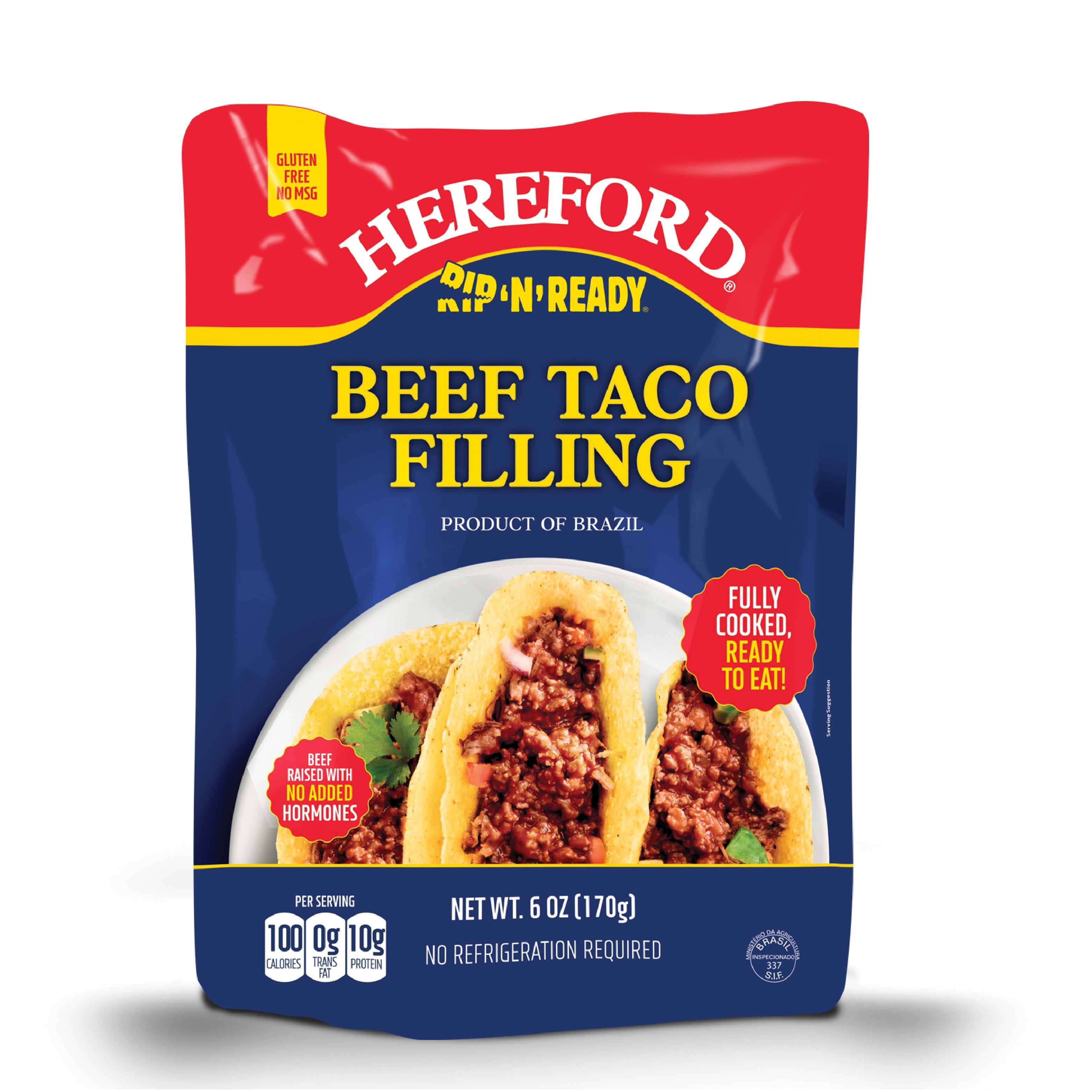 (4 pack) Hereford Fully Cooked Beef Taco Filling, Shelf Stable Pouch, 6 oz