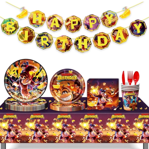 96 Pcs Donkey Kong Bananza Birthday Party Supplies Decoration, Banners ,Tablecloth, Paper Plates Cups,Disposable Cutlery Set
