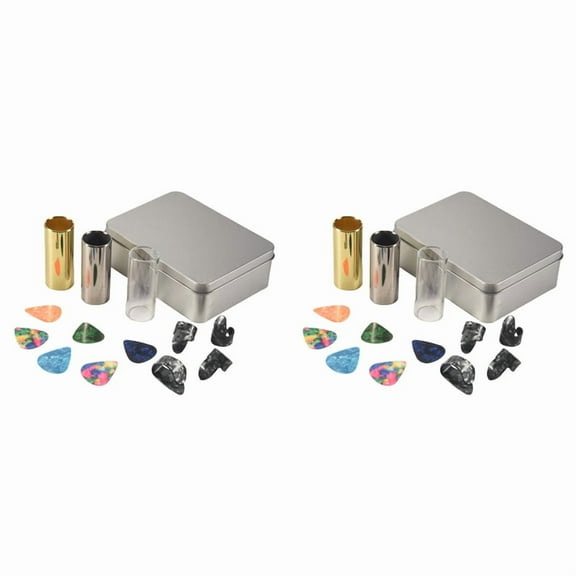 Guitar Slide Set of 2 Glass Slide, 2 Steel Slide and 2 Brass Guitar Slide, 12 Pcs Guitar Picks and 8 Finger Picks,Photo Color