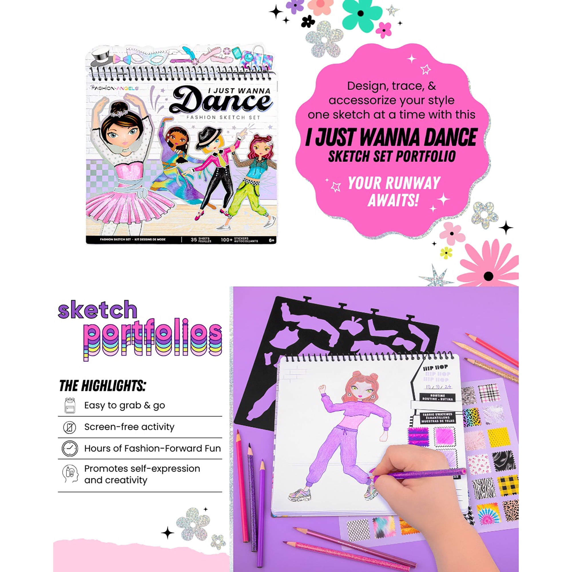 Fashion Angels: Fashion Sketch Set - I Just Wanna Dance - Design & Create Themed Outfits, 35 Page Drawing Art Portfolio, Stickers & Stencils, Kids 6+