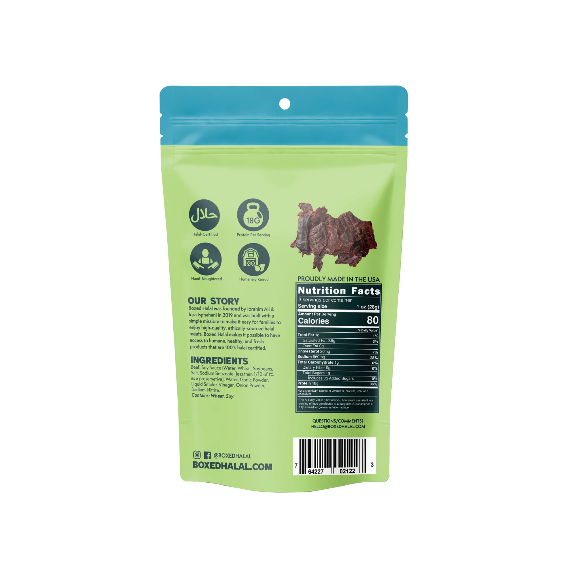BOXED HALAL Premium 100% Grass-Fed Original Beef Jerky Strips, 13g Protein, , HFSAA Certified Halal, Keto Friendly Snack, 3 Oz. Bags (3 Pack)