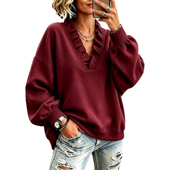 Womens Ruffle V Neck Long Sleeve Loose Fit Pullover Sweatshirt, Long Sleeve Drop Shoulder Relaxed Fit Soft Casual Pullover Sweatshirt