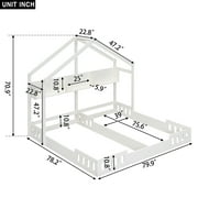 Twin Size House Floor Bed with Roof, Wood Double Twin Beds with Shelves and Guardrail for 2 Kids, Two Shared Beds Montessori Bed Frame, House Platform Bed for Girls Boys, Creamy White