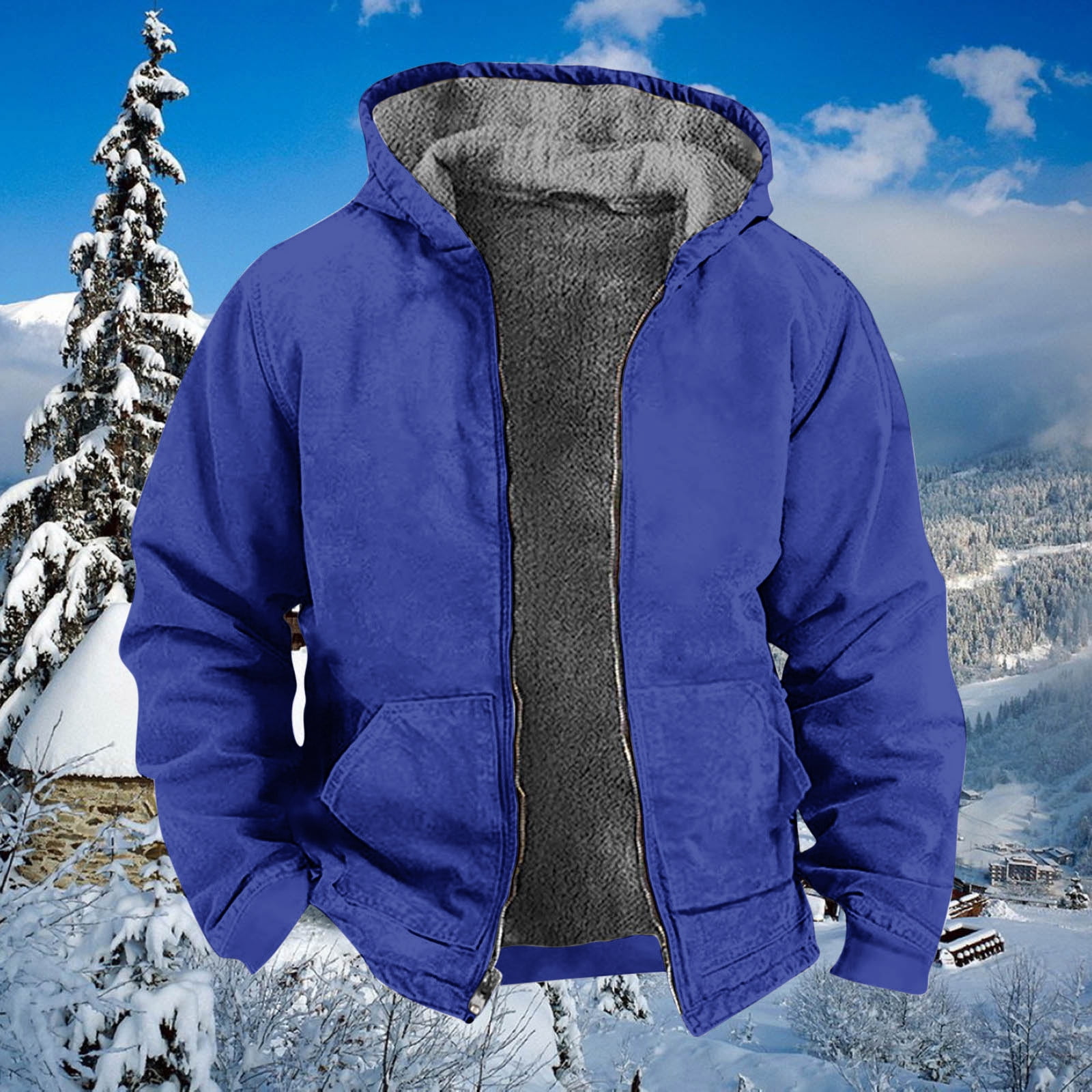 Winter!Brilliant Jackets for Men Puff Men's Winter Long Sleeved Cardigan Pockets Warm Plush Hooded Jacket Fleece Sweater Coat Heavy Weight Blue XXXXXL
