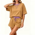 thumbnail image 5 of IUYRTFE Women's 2-Piece Short Sleeve Relaxed Fit Set Round Neck Top and Drawstring Shorts Casual Outfit, 5 of 7