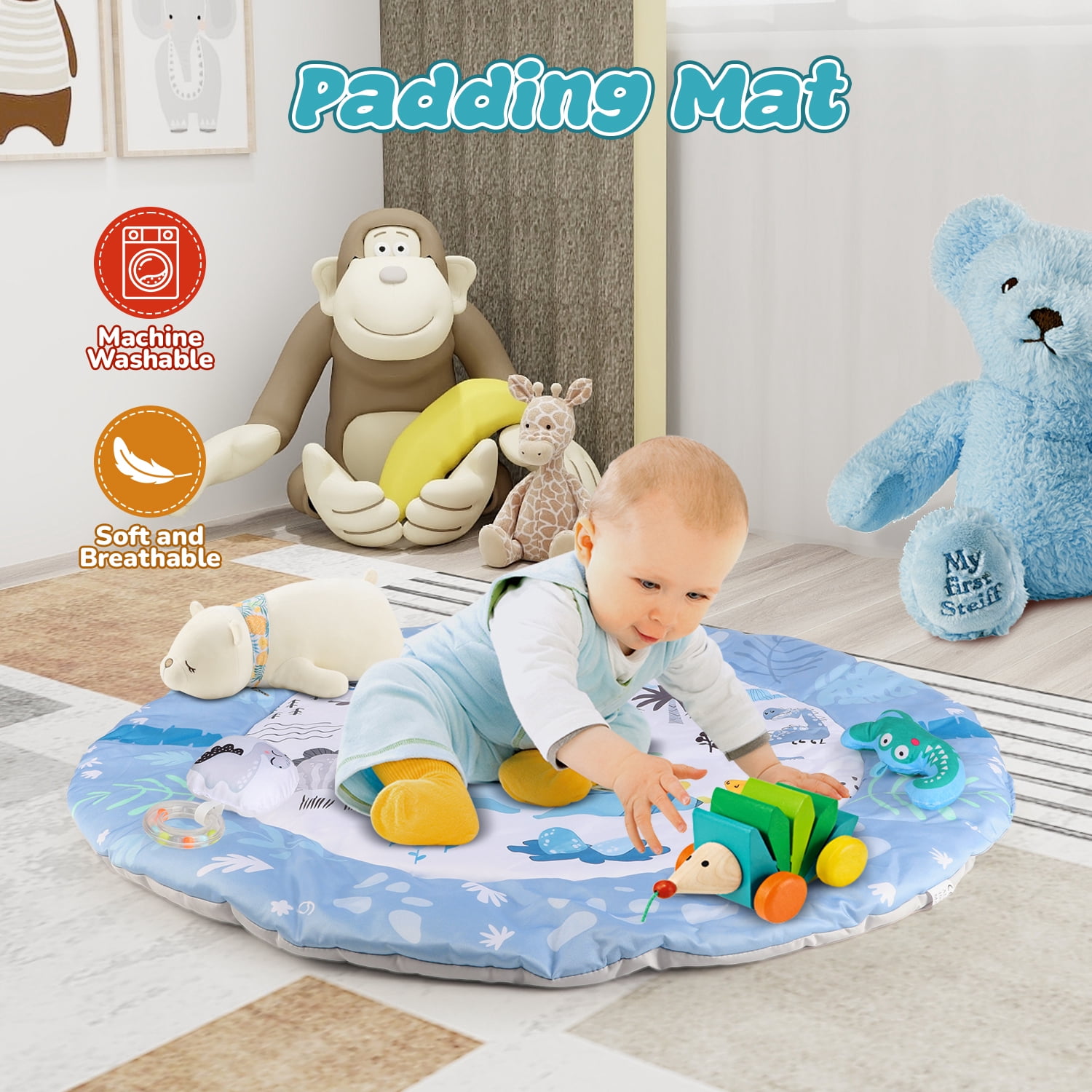 Freecat Dinosaur Baby Play Mat with Hanging Dinosaur Toys, 0-12 Months Baby Play Gym Activity Mat.