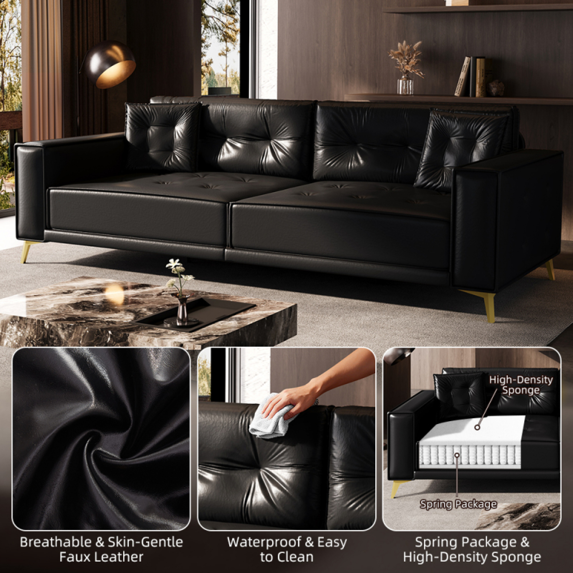 92.1" King Size Faux Leather Sleeper Sofa Bed - 3-in-1 Convertible Pull Out Couch, 4-Seater with Ultra Wide Armrests & Tufted Design, 2 Pillows Included for Living Room, Apartment, Office,Black