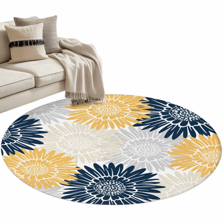 Navy Blue Gray Yellow Sunflowers 4ft Round Rug for Cozy Reading
