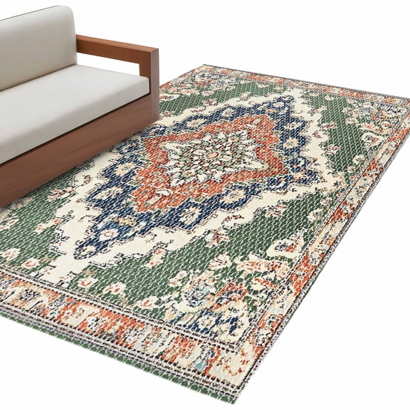 Kitchen Mats for Floor 3x5 Ft, Orange Green Boho Non Slip Area Rugs for Kitchen Bedroom Entryway, Medieval Vintage Ethnic Floral Abstract Washable Carpet Runner Rug Floor Mats for Bedroom Home Decor