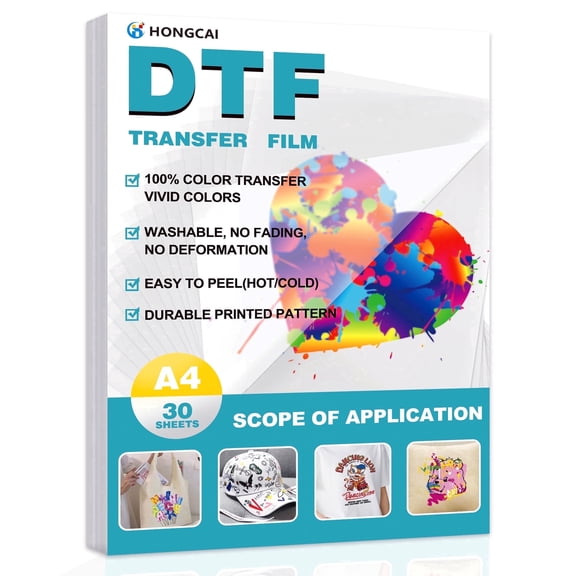 HONGCAI dtf transfer film -30 Sheets of A4 (8.3×11.7") for Inkjet Printers, Direct to Film Transfer Paper for Cotton T-shirts, Easy to Use, Vivid Colors