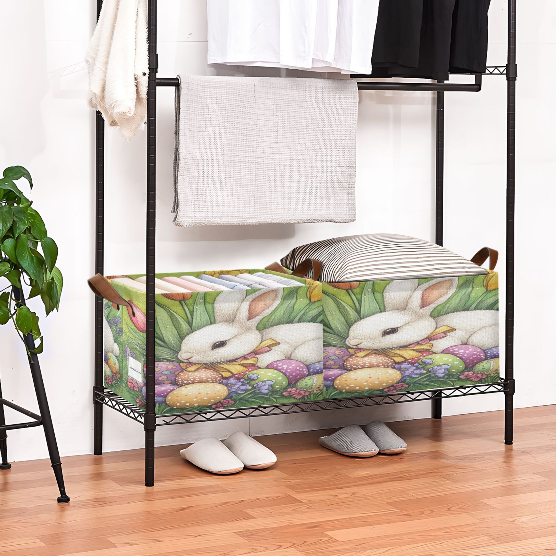 WOBOGO Easter White Bunny Storage Basket 16.9×11.4×10in Collapsible Oversized with Metal Iron Frame Set of 1