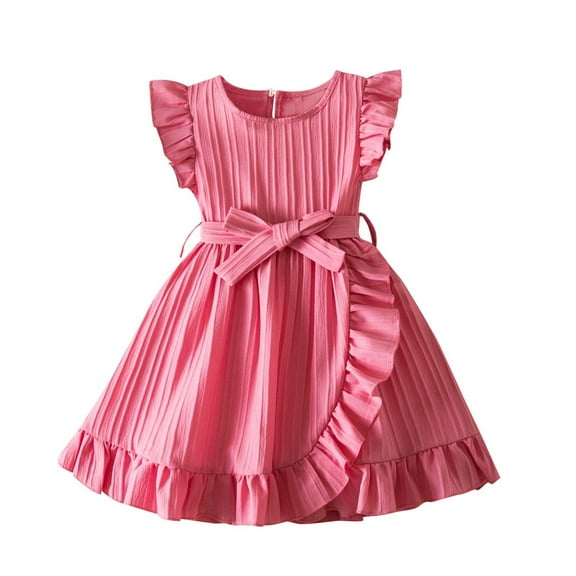 Lvshlubb Girls Dress Cute Fly Sleeve Princess Dresses Summer Ruffled Crewneck Sundress with Bowknot Size 3-8