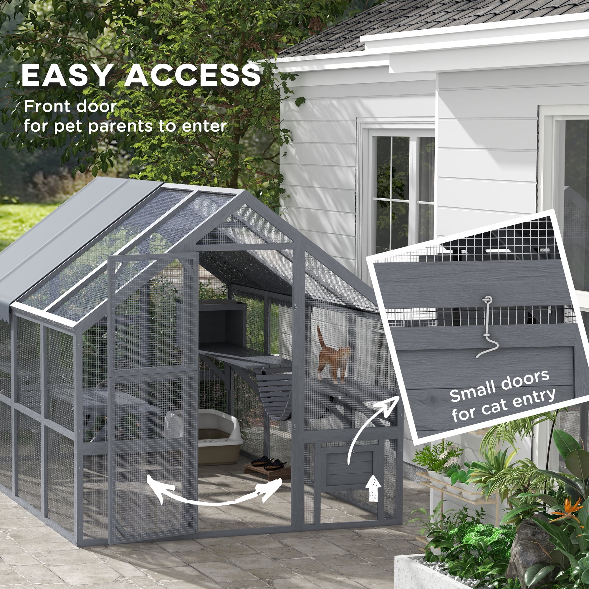 PawHut Large Catio Outdoor Cat Enclosure, Wooden Cat House for Multiple Cats, with Waterproof Cover, 2 Condos, 6 Platforms, Bridge, Doors, Gray