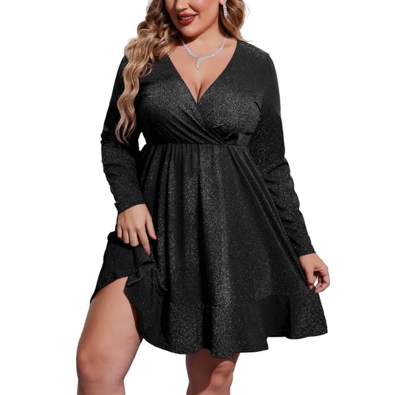 Zeagoo Plus Size Women's Sequin Glitter Dress Crushed Long Sleeve Sexy V Neck Club Party Pleated Swing Skater Dress