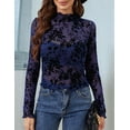 thumbnail image 4 of Womens Lace Mesh Long Sleeve Top Floral Sheer See Through Tops Mock Neck Shirts Party Club Night Blouses Navy Blue S, 4 of 9