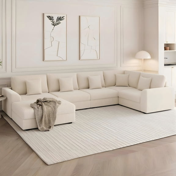 Advwin 146" Oversized Corduroy Modular Sectional Sofa, 6-Seat Convertible Sleeper Sofa with Ottoman & 5 Pillows, Modern L-Shaped Lounge Couch for Living Rooms, Beige