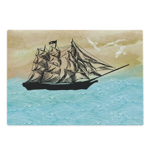 Nautical Cutting Board, Vintage Sketch of a Big Ship on Abstract Wavy Sea with Flying Birds, Decorative Tempered Glass Cutting and Serving Board, in 3 Sizes, by Ambesonne