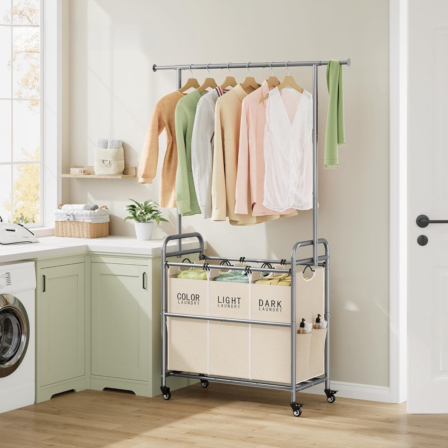 Laundry Sorter Cart with Hanging Clothes Rack, Butler Sorter Basket Organizer, Laundry Hamper Cart with Heavy Duty Rolling Lockable Wheels