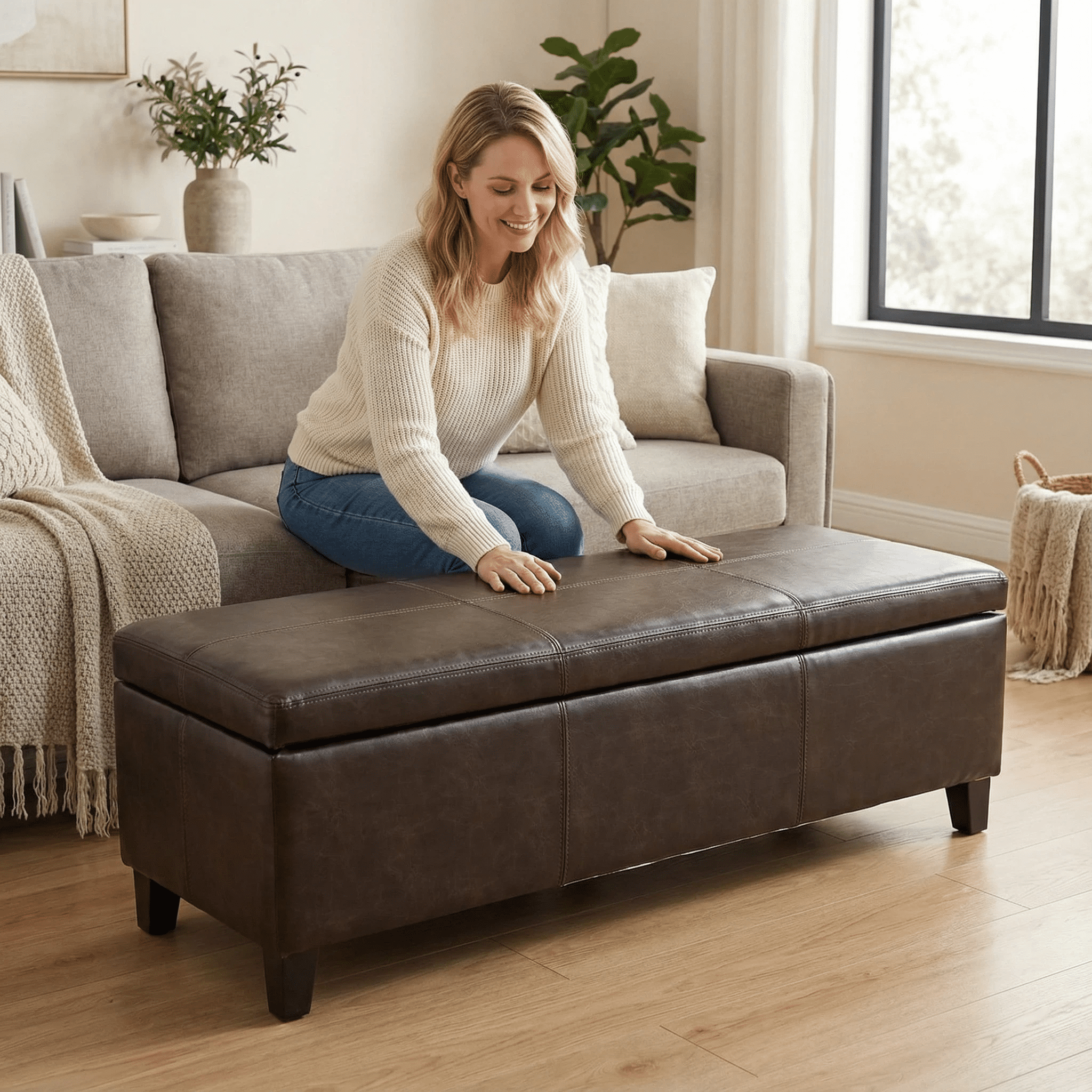 Storage Ottoman Bench, Rectangular Ottoman, Upholstered Bench with Safety Hinges and Large Storage, Solid Wood Frame Assembled for Living Room, Entryway, Family Room, Distressed Brown