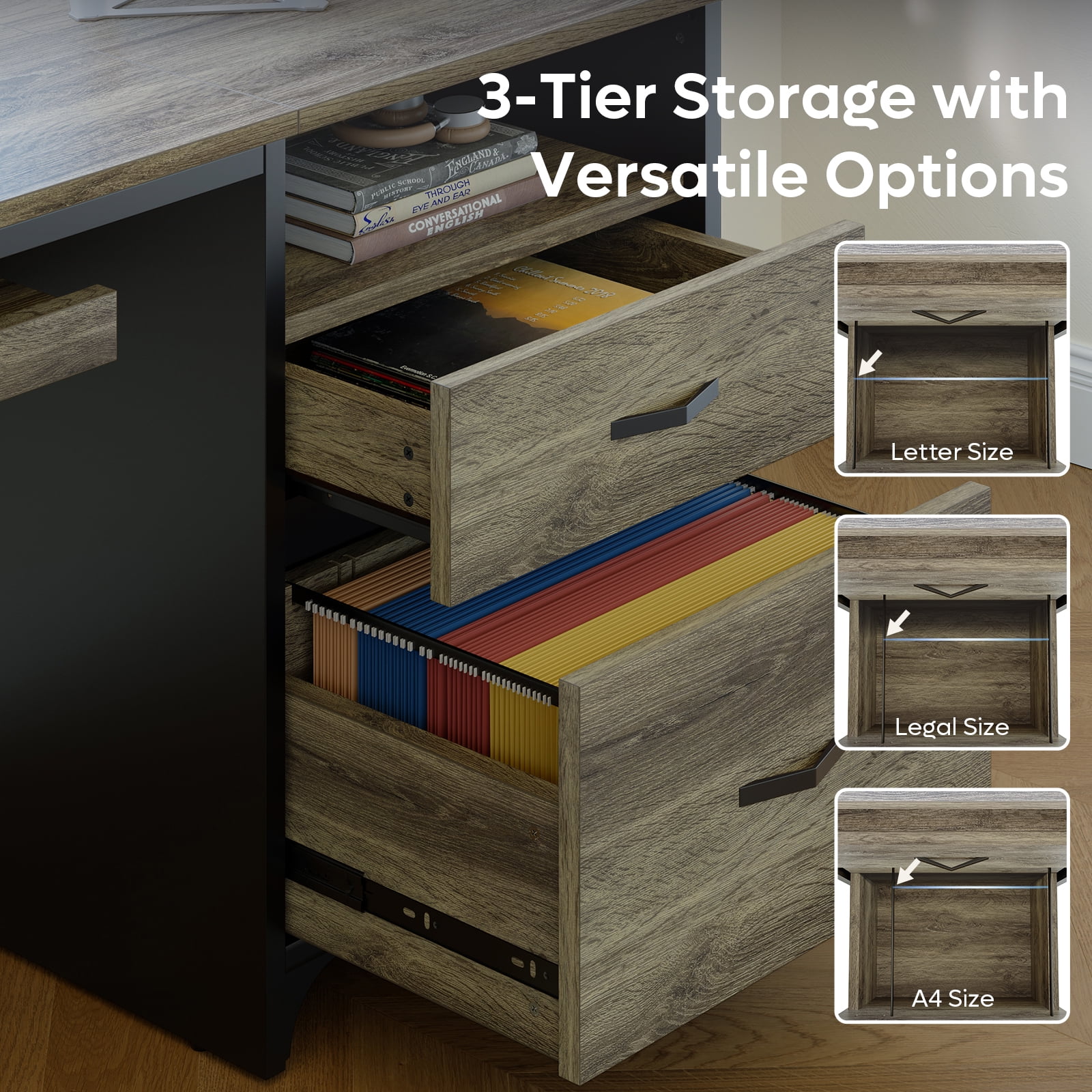 Bestier 55 inch Computer Desk with Drawers & Keyboard Tray & File Cabinet Home Office Desk in Grey