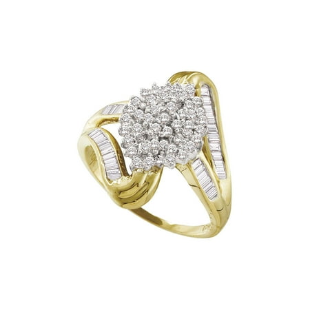 Got Baguette - 10kt Yellow Gold Womens Round Diamond Cluster Swirl Shank Baguette Ring 1/2 Cttw