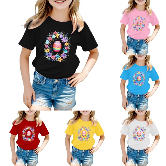 Toddler Girls' Short Sleeve Crew Neck Tee T-Shirt Cute Rabbit Easter Egg Printed Casual T Shirt Size 18-24 Months ,Black