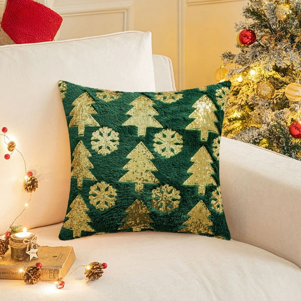 Funda de Almohada Navideña con Renos y Copos de Nieve, Decorativa con Lentejuelas, de Peluche Rojo, Bordada, con Forma de Reno, Ideal para Decoración Navideña.