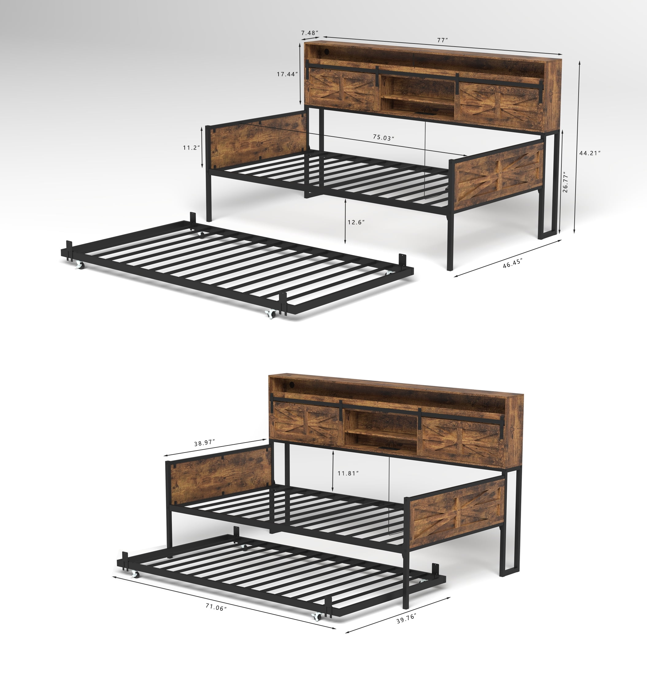 Mintazer Farmhouse Twin Bed Frame with Trundle & RGB LED Headboard, Platform Daybed with Sliding Barn Door Storage for Bedroom & Living Room, Brown