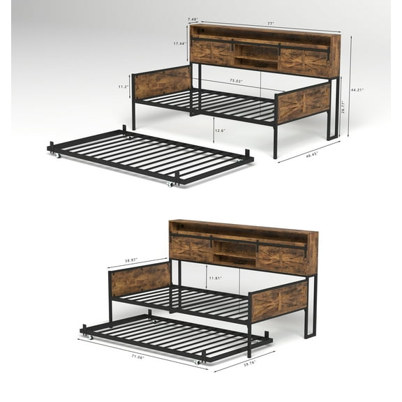 Twin Daybed with Trundle,Daybed Frame with HeadboardCharging Station & LED Light