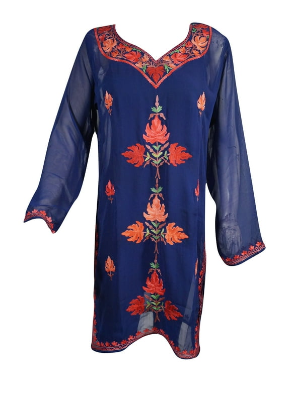 Mogul Women Tunic Dress Soft Sheer Georgette Blue Floral Hand Embroidered Resort Yoga Dresses