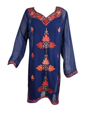 Mogul Women Tunic Dress Soft Sheer Georgette Blue Floral Hand Embroidered Resort Yoga Dresses