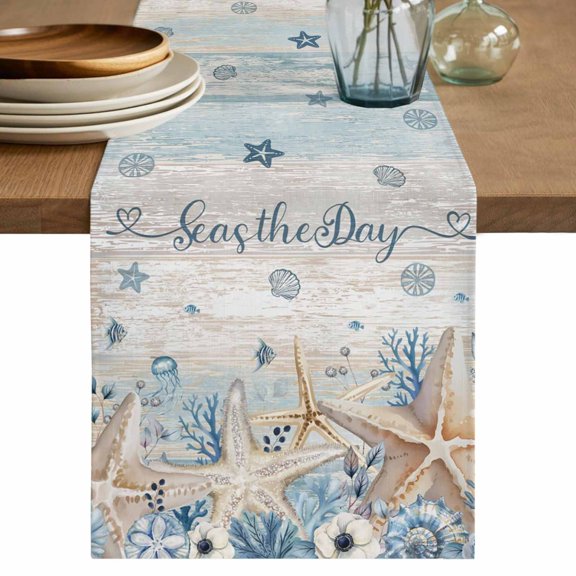Blue Beige Starfish Coastal Table Runner 72 Inches, Nautical Summer Beach Ocean Bed Runner Dresser Scarves Tabletop for Indoor Outdoor Parties/Ceremony/Banquet, 14" x 72"