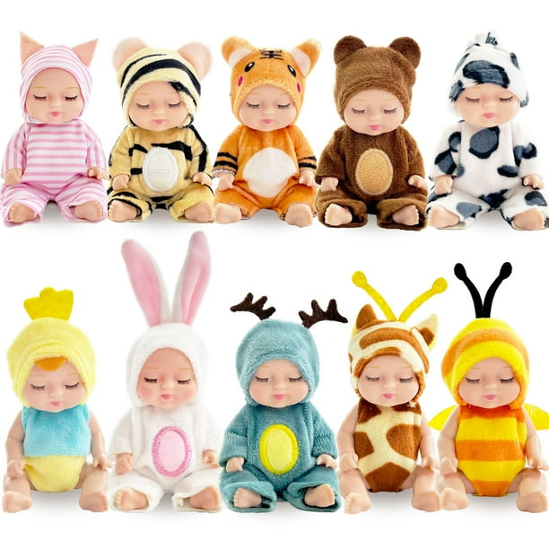 Haawooky 10 mini muñecas de bebé, muñecas de bebé realistas de 4 pulgadas con ropa de animales, linda muñeca pequeña para niñas y niños, cesta de Pascua, cumpleaños de San Valentín